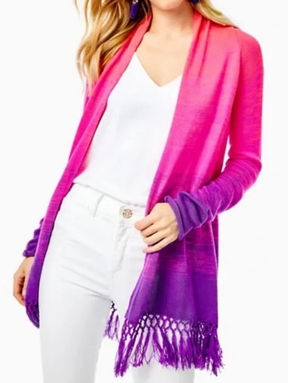 Lilly Pulitzer Tatum Ombre Pink Purple Fringe Open Front Cardigan